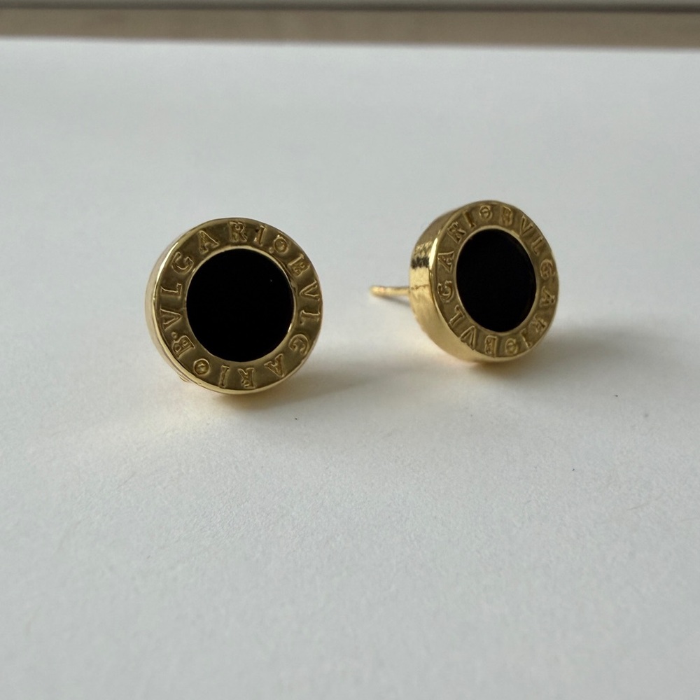 Bvlgari Earrings Gold and Black Onyx Round Designer Stud Earrings